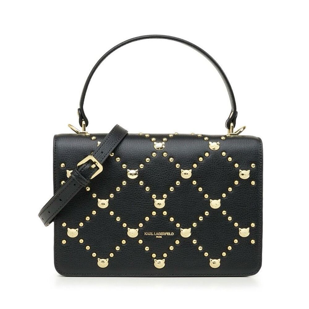 Karl Lagerfeld Paris Simone Gold Cat Studded Leather Crossbody Purse Handbag Bla